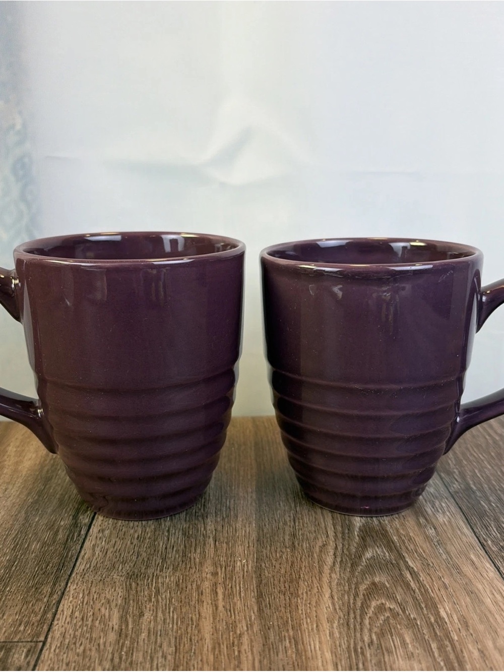 Set of 2 Pier 1 One Imports Grape Purple Ribbed Stone Ware Coffee Cups Mugs